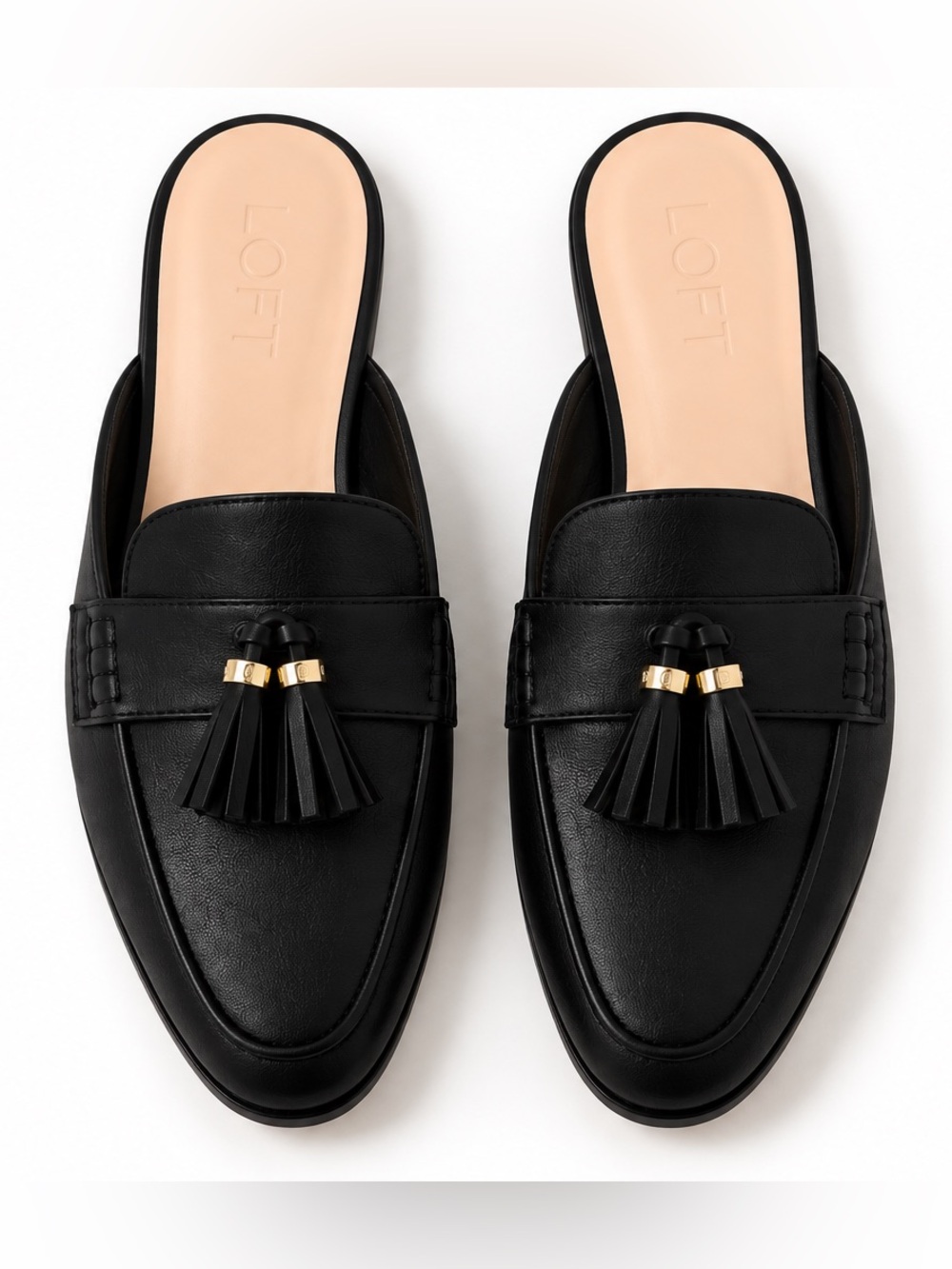 LOFT Black Leather Tassel Slide Mules